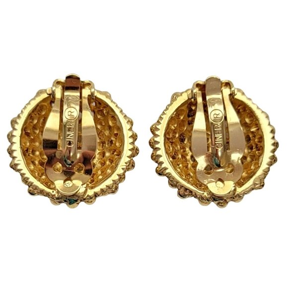 Ciner Gold-Tone Hobnail Round Domed Button Clip On Earrings, Signed - Picture 5 of 8